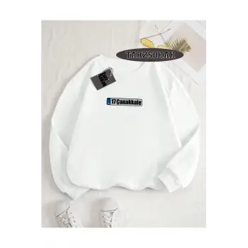 Biskilet Yaka Sweatshirt Beyaz 17 Çanakkale Özel Tasarım Plaka Detaylı