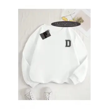Biskilet Yaka Sweatshirt Beyaz D HARFİ İSME Özel Tasarım