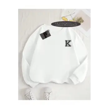 Biskilet Yaka Sweatshirt Beyaz K HARFİ İSME Özel Tasarım