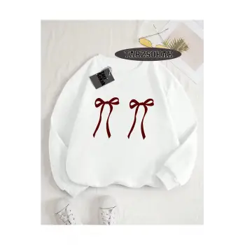 Biskilet Yaka Sweatshirt Beyaz Kurdela Özel Tasarım
