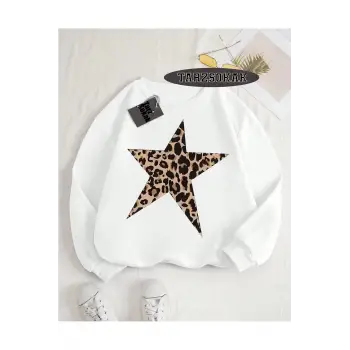 Biskilet Yaka Sweatshirt Beyaz Leopar Yıldız Özel Tasarım