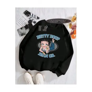 Biskilet Yaka Sweatshirt Siyah Betty Boop Özel Tasarım