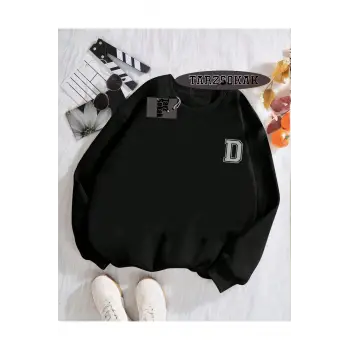 Biskilet Yaka Sweatshirt Siyah D HARFİ İSME Özel Tasarım