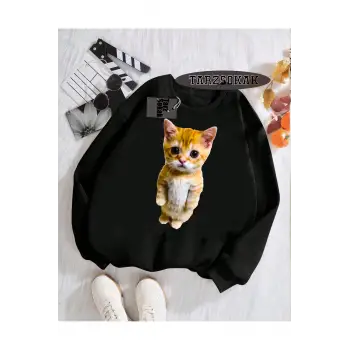 Biskilet Yaka Sweatshirt Siyah EL GATO Özel Tasarım