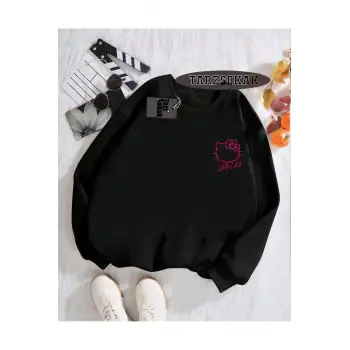 Biskilet Yaka Sweatshirt Siyah LABZA HELLO KİTTY Özel Tasarım