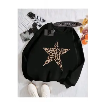 Biskilet Yaka Sweatshirt Siyah Leopar Yıldız Özel Tasarım