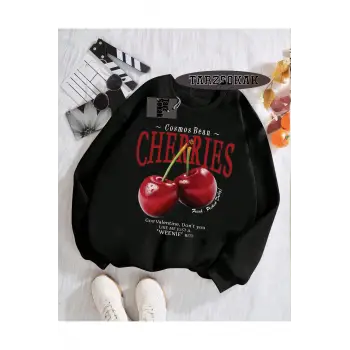 Biskilet Yaka Sweatshirt Siyah Red Cherries Özel Tasarım