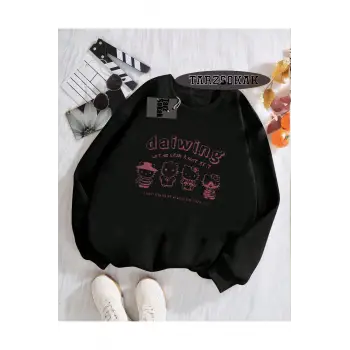 Biskilet Yaka Sweatshirt Siyah Sanrio Hello Kitty Özel Tasarım