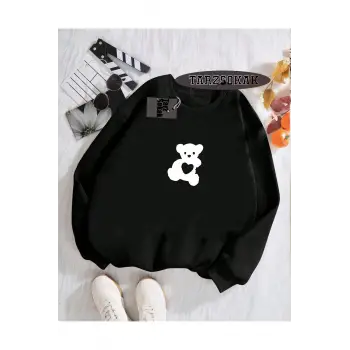 Biskilet Yaka Sweatshirt Siyah TATLI AYI Özel Tasarım