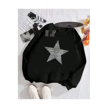 Biskilet Yaka Sweatshirt Siyah YILDIZ DESENLİ Özel Tasarım