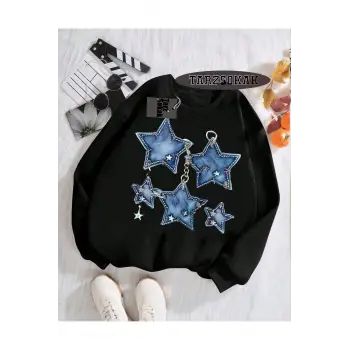 Biskilet Yaka Sweatshirt Siyah YILDIZ DESENLİ Özel Tasarım