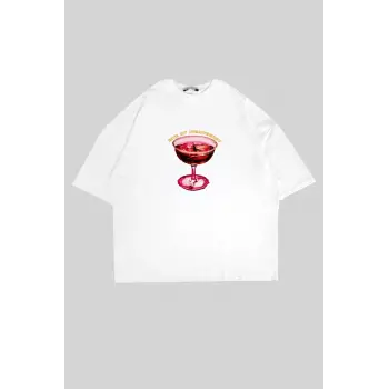 Bite My Strawberry Baskılı Beyaz Oversize Unisex
