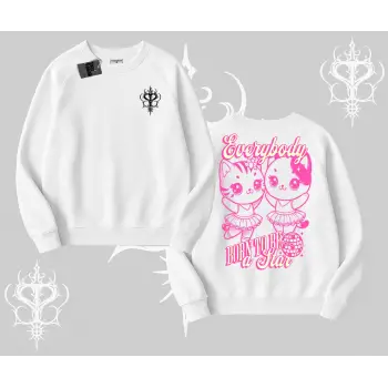 Born to Be a Star Yazılı Sevimli Kedi Arka Baskılı Biskilet Sweatshirt