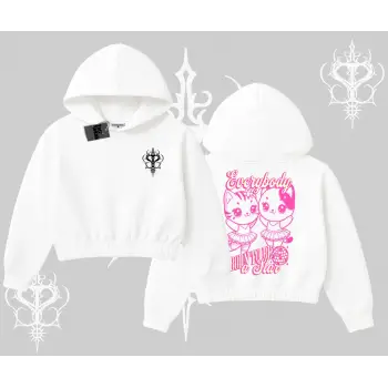 Born to Be a Star Yazılı Sevimli Kedi Arka Baskılı Kapşonlu Crop Sweatshirt