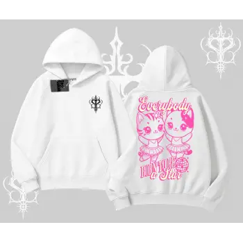 Born to Be a Star Yazılı Sevimli Kedi Arka Baskılı Kapşonlu Sweatshirt