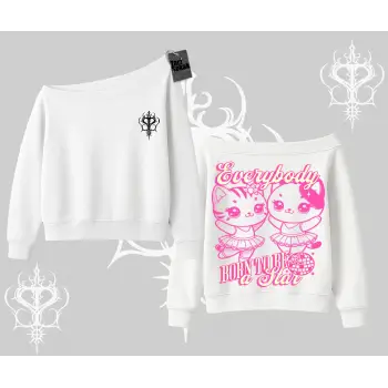 Born to Be a Star Yazılı Sevimli Kedi Arka Baskılı Kayık Yaka Sweatshirt