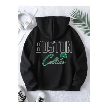 Boston Renkli Baskılı Oversize Kapüşonlu Sweatshirt Siyah