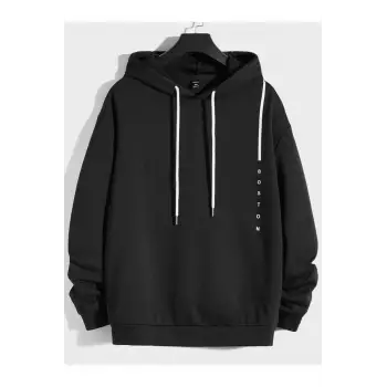 BOSTON Renkli Oversize Kapüşonlu Sweatshirt Siyah