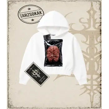 BRAIN HALFTONE Kadın Crop Kapşonlu Sweatshirt