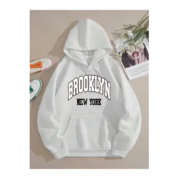 Brooklyn Baskılı Üç İplik Ünisex Oversize Kapüşonlu Sweatshirt Beyaz