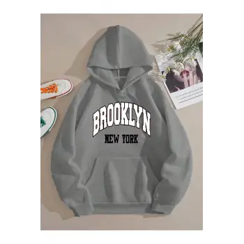 Brooklyn Baskılı Üç İplik Ünisex Oversize Kapüşonlu Sweatshirt Füme