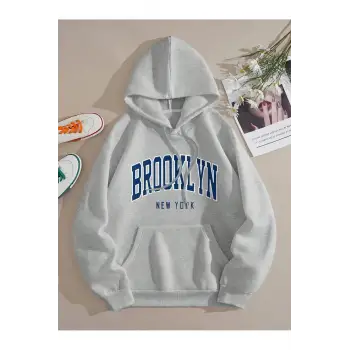 Brooklyn Baskılı Üç İplik Ünisex Oversize Kapüşonlu Sweatshirt Gri
