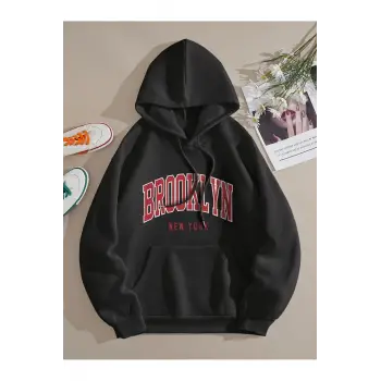 Brooklyn Baskılı Üç İplik Ünisex Oversize Kapüşonlu Sweatshirt Siyah