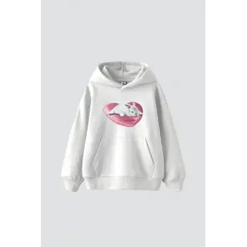 Bunny Baskılı Oversize Unisex Beyaz
