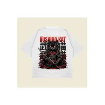 Bushidocat Baskılı Oversize Unisex Pamuklu Nefes Alan Kalın Kumaşlı