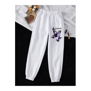 Butterfly & Letter Graphic Drawstring Waist 4 Mevsim Eşofman