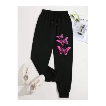 Butterfly Print Drawstring Waist 4 Mevsim Eşofman