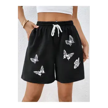 Butterfly Print Drawstring Waist Şort