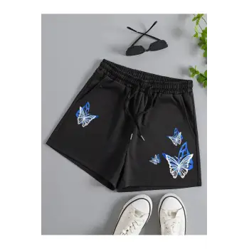 Butterfly Print Drawstring Waist Şort