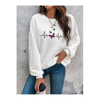 Butterfly Print Drop Shoulder Beyaz