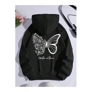 Butterfly & Slogan Graphic Kangaroo Pocket Drawstring Hoodie Siyah