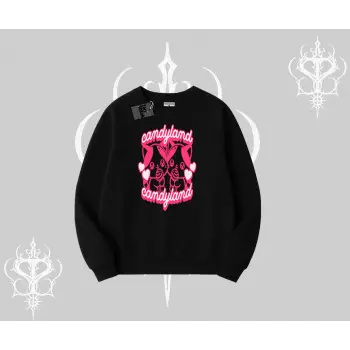 Candyland Yazılı Sevimli Kedi Baskılı Oversize Crop Tshirt