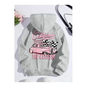 Car & Letter Graphic Drawstring Lined Hoodie Gri