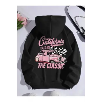 Car & Letter Graphic Drawstring Lined Hoodie Siyah