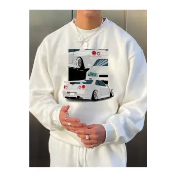 Car Print Drop Shoulder Sweatshirt Beyaz