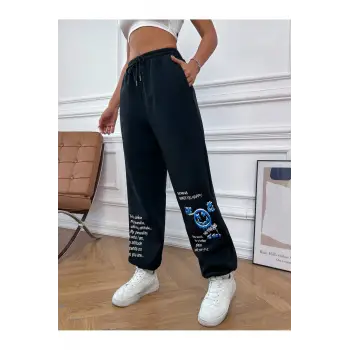 & Cartoon Graphic Drawstring Waist 4 Mevsim Eşofman
