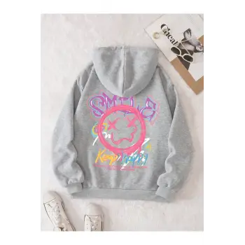 Cartoon & Letter Graphic Drawstring Lined Hoodie Gri