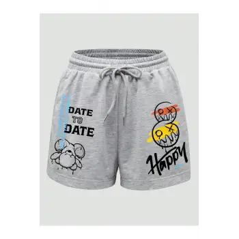 Cartoon & Letter Graphic Drawstring Waist Şort