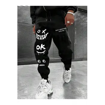 Cartoon & Slogan Graphic Drawstring Waist Eşofman Altı