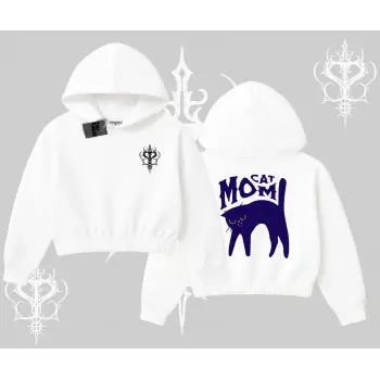 Cat Mom Yazılı Minimal Kedi Arka Baskılı Kapşonlu Crop Sweatshirt