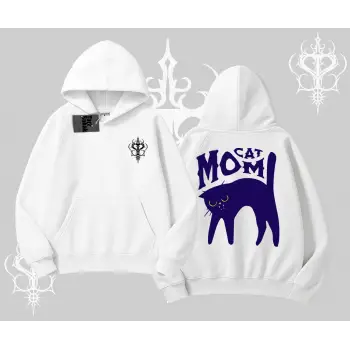 Cat Mom Yazılı Minimal Kedi Arka Baskılı Kapşonlu Sweatshirt