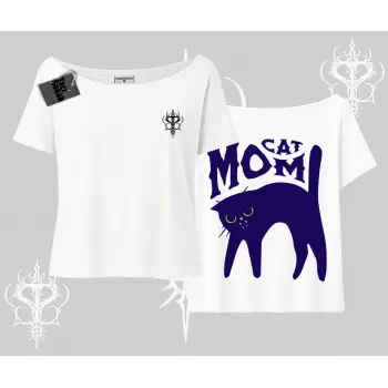 Cat Mom Yazılı Minimal Kedi Arka Baskılı Kayık Yaka Tshirt