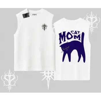Cat Mom Yazılı Minimal Kedi Arka Baskılı Kolsuz Tshirt