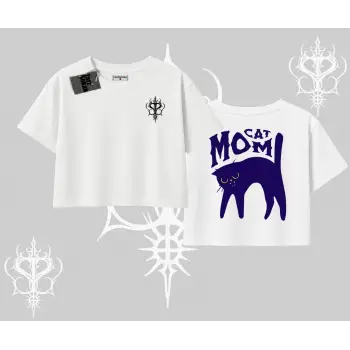 Cat Mom Yazılı Minimal Kedi Arka Baskılı Oversize Crop Tshirt