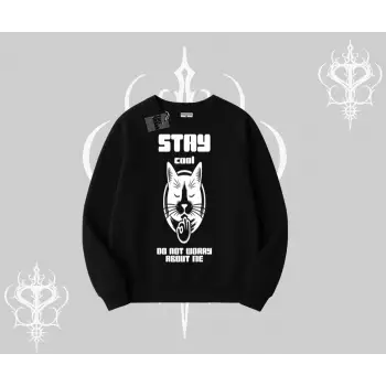 Catronaut Kedi Baskılı Kapşonlu Crop Sweatshirt