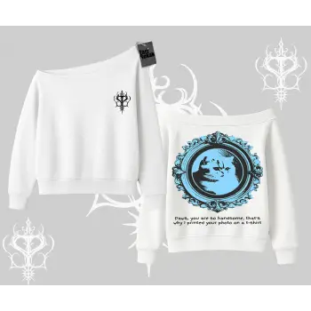 Çerçeveli Kedi Baskılı Kayık Yaka Sweatshirt